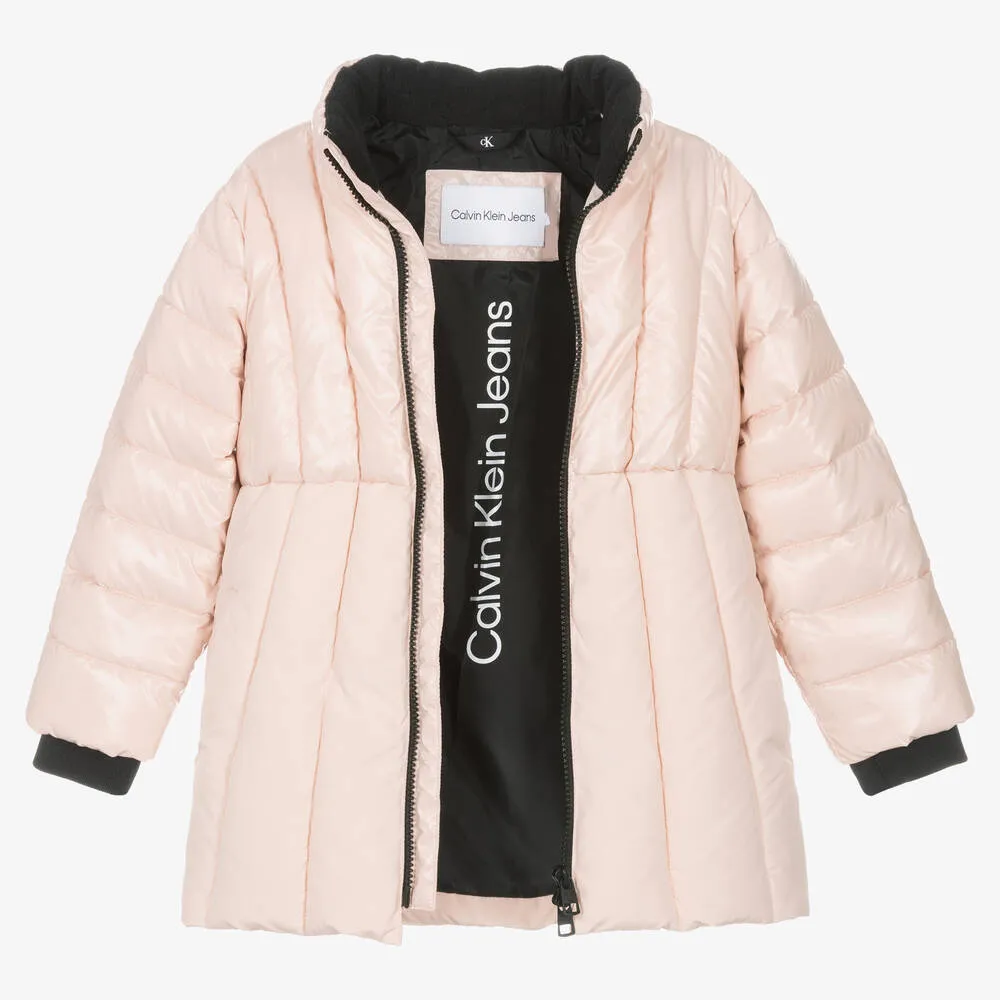 Girls Pink Belted Puffer Coat