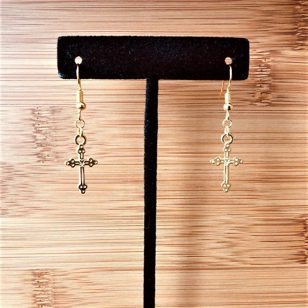 Gold Cross Dangle Earrings