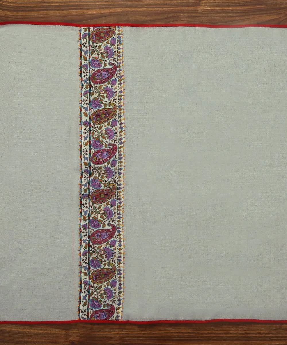 Grey Pure Pashmina Scarf With Applique Border In Kalamkari