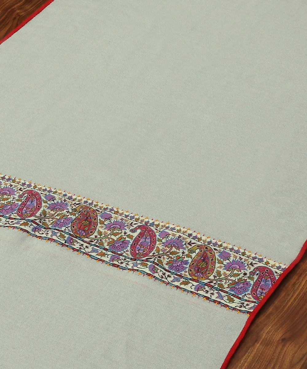 Grey Pure Pashmina Scarf With Applique Border In Kalamkari