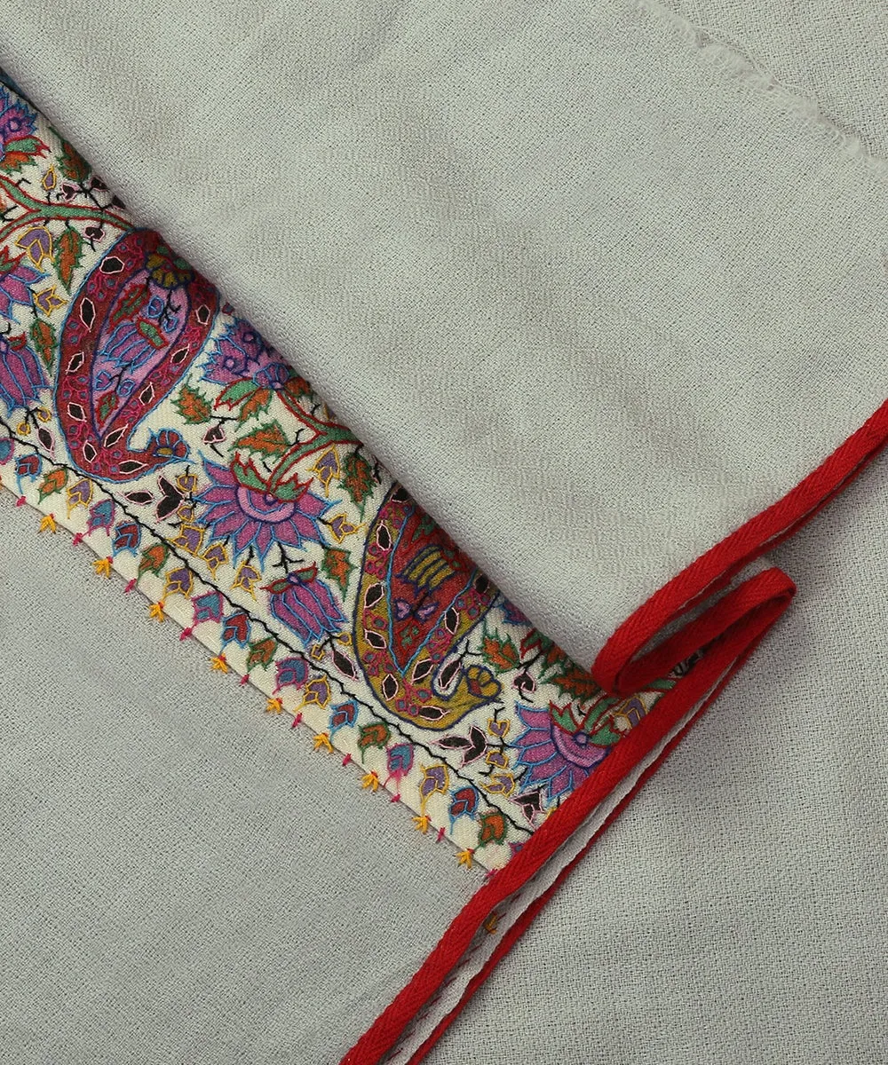 Grey Pure Pashmina Scarf With Applique Border In Kalamkari