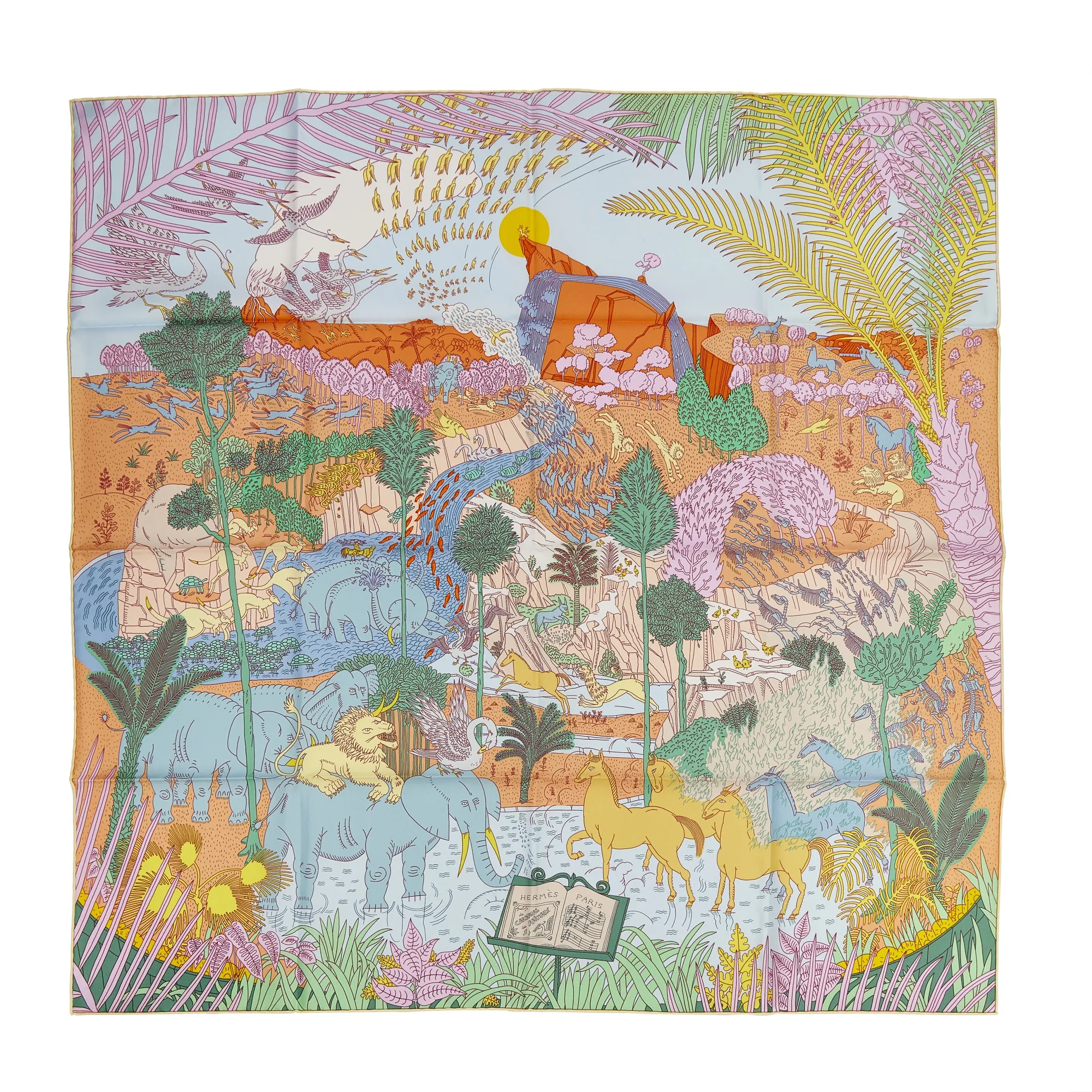 Hermès Aqua, Vert and Jaune Silk Le Carnaval des Animaux Scarf 90