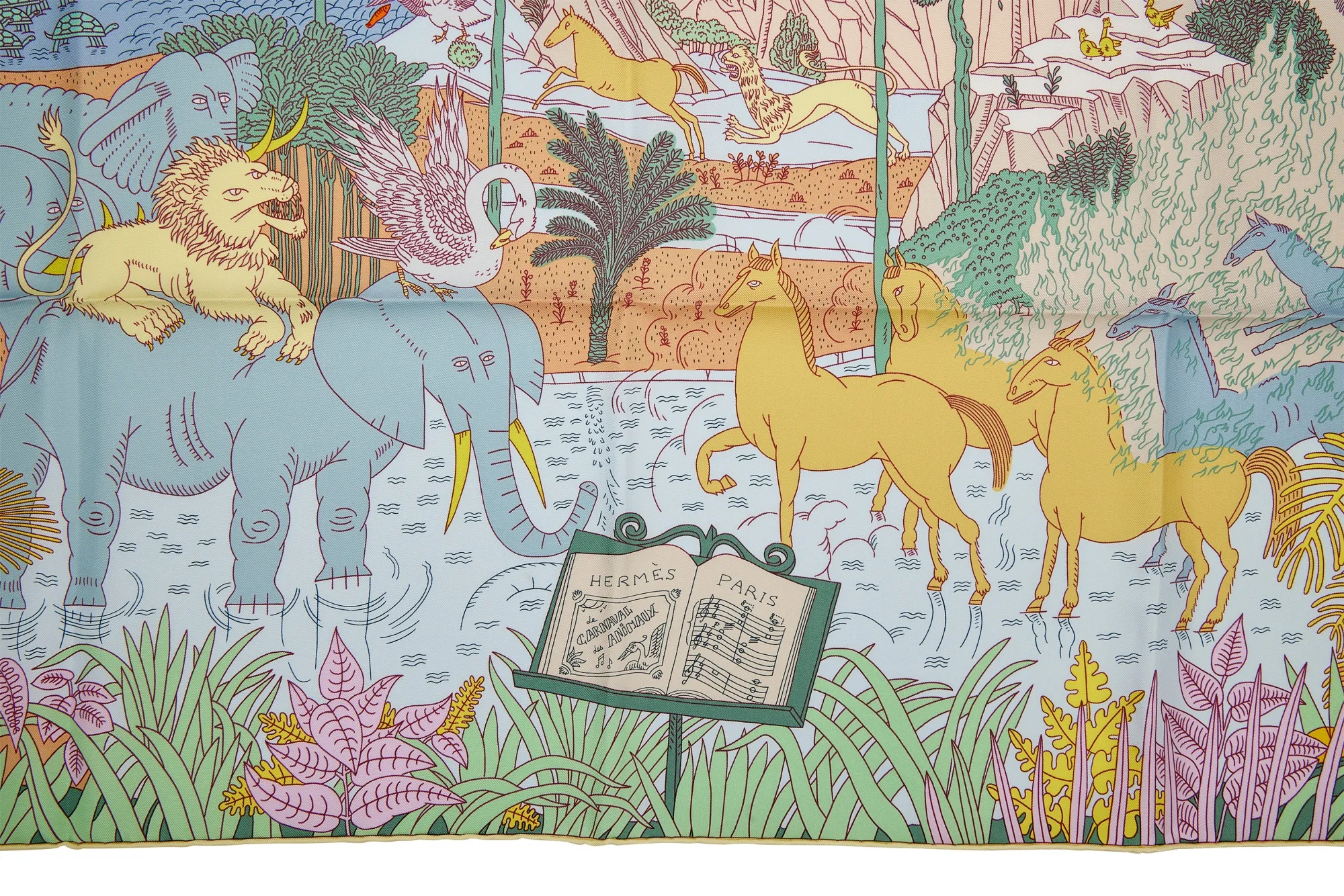 Hermès Aqua, Vert and Jaune Silk Le Carnaval des Animaux Scarf 90