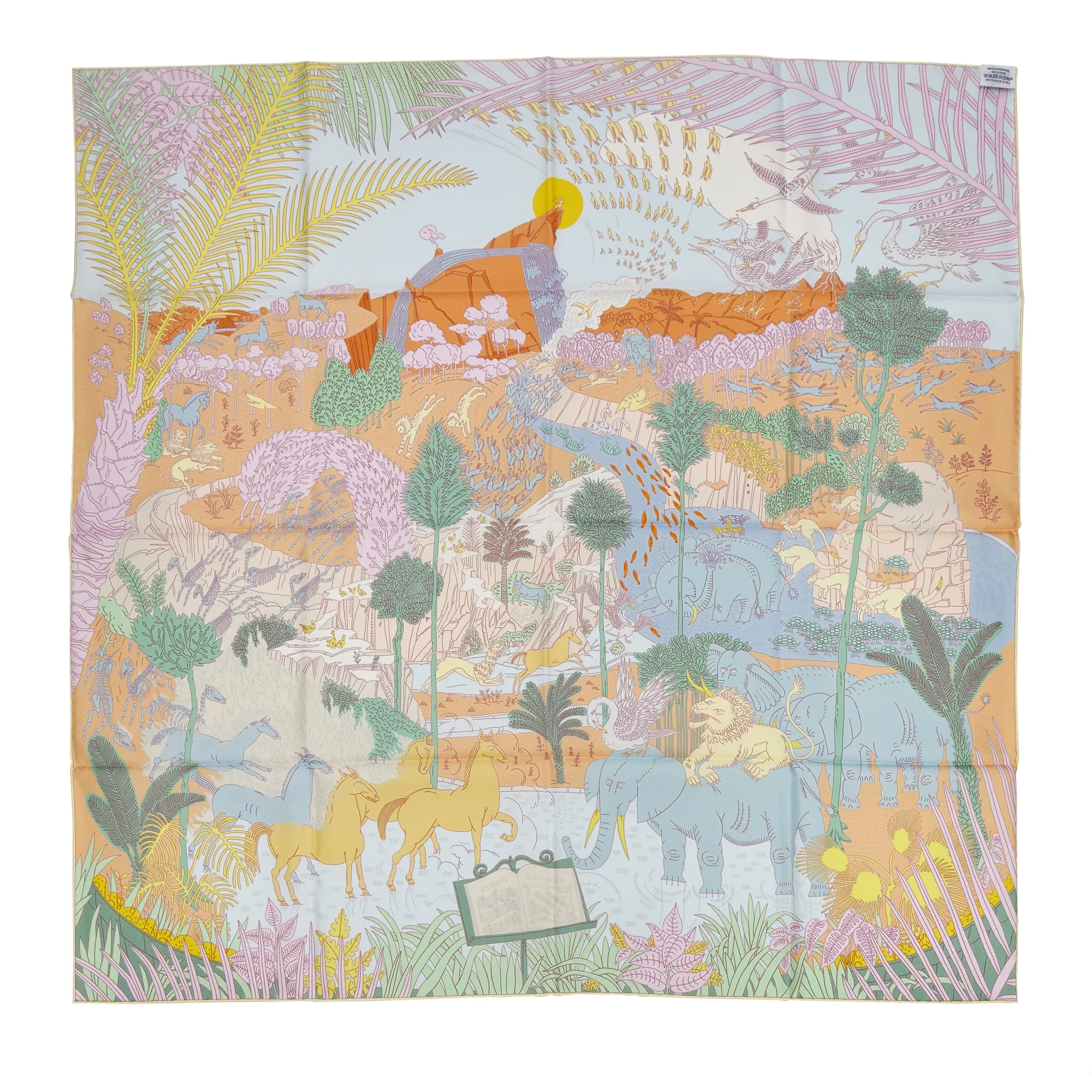 Hermès Aqua, Vert and Jaune Silk Le Carnaval des Animaux Scarf 90