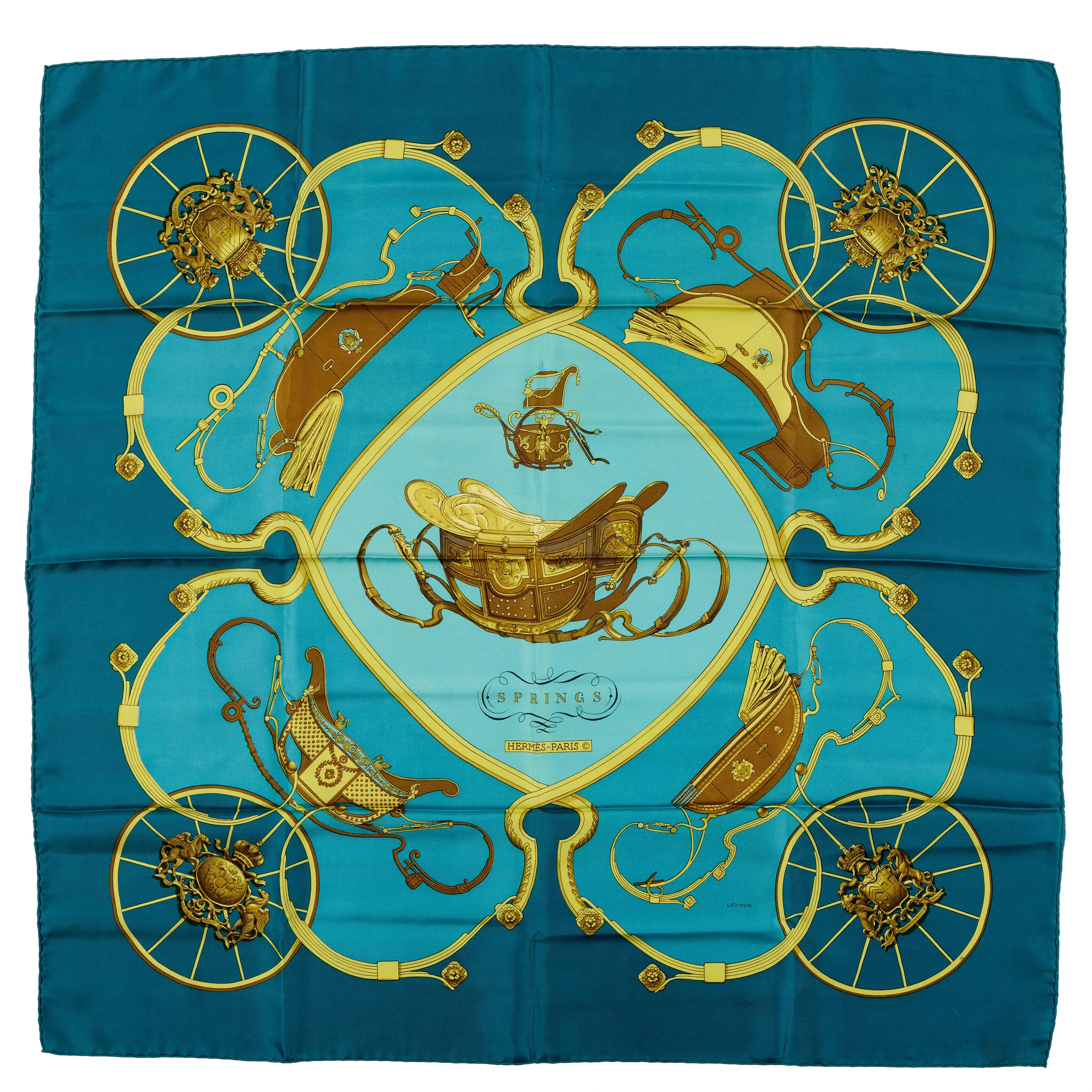 Hermès Teal, Blue and Gold Springs Silk Scarf