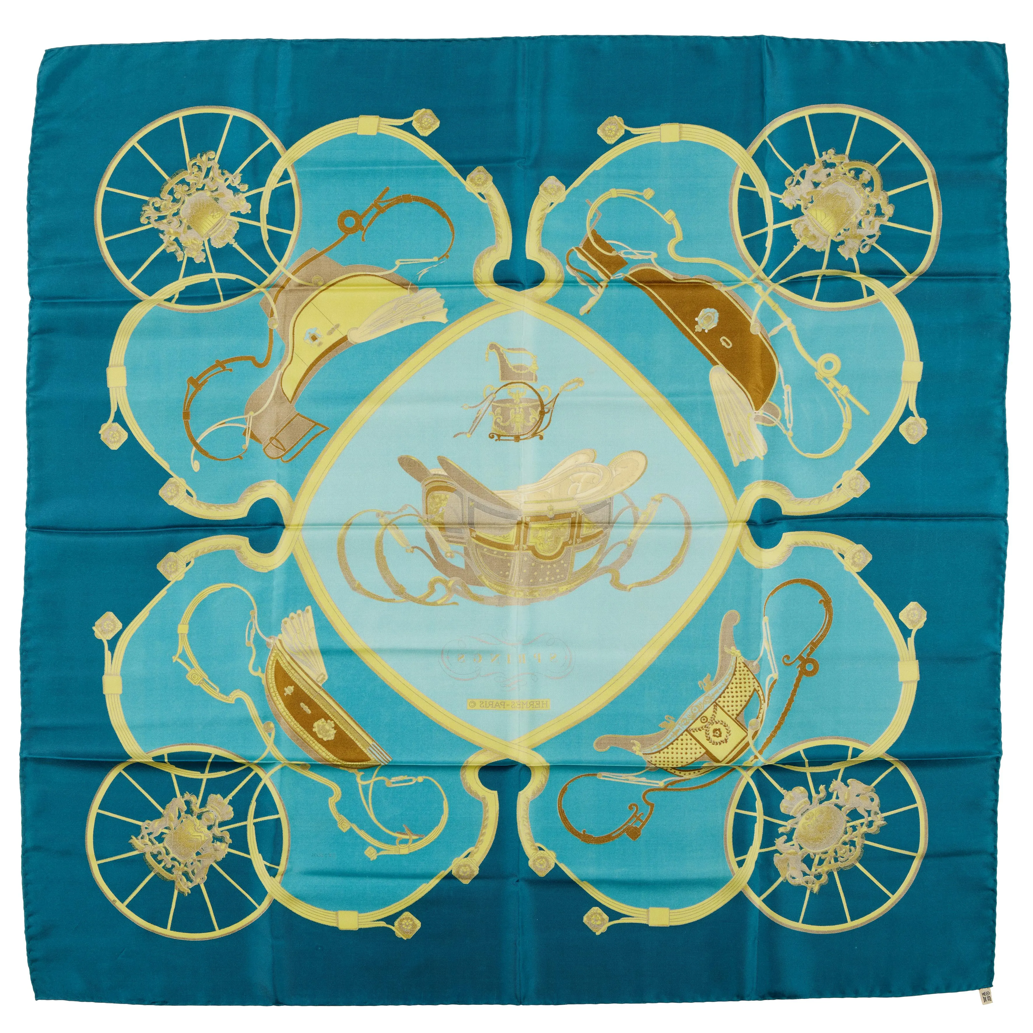 Hermès Teal, Blue and Gold Springs Silk Scarf