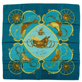 Hermès Teal, Blue and Gold Springs Silk Scarf