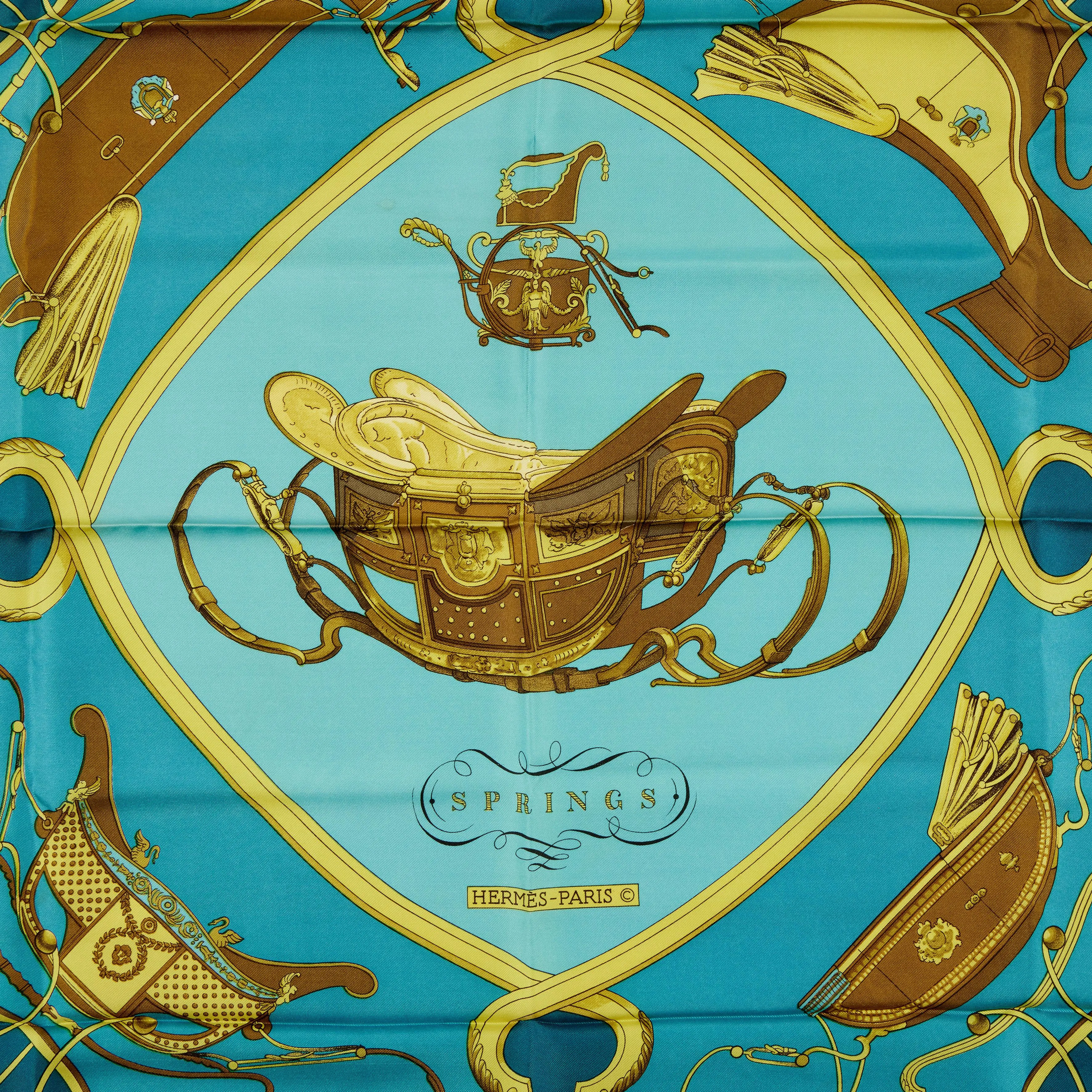 Hermès Teal, Blue and Gold Springs Silk Scarf