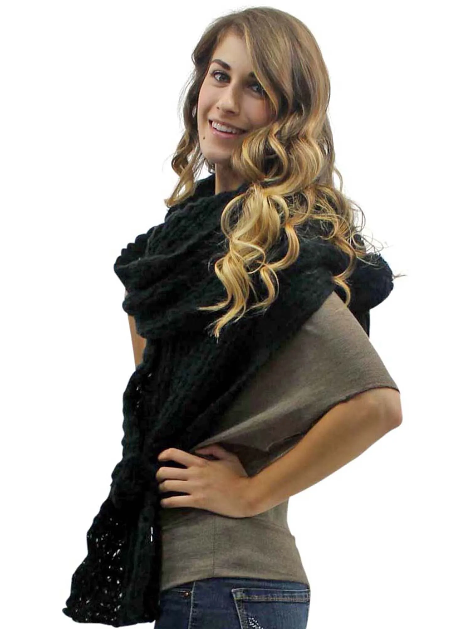 Knit Shawl Wrap With Pom-Pom Ties