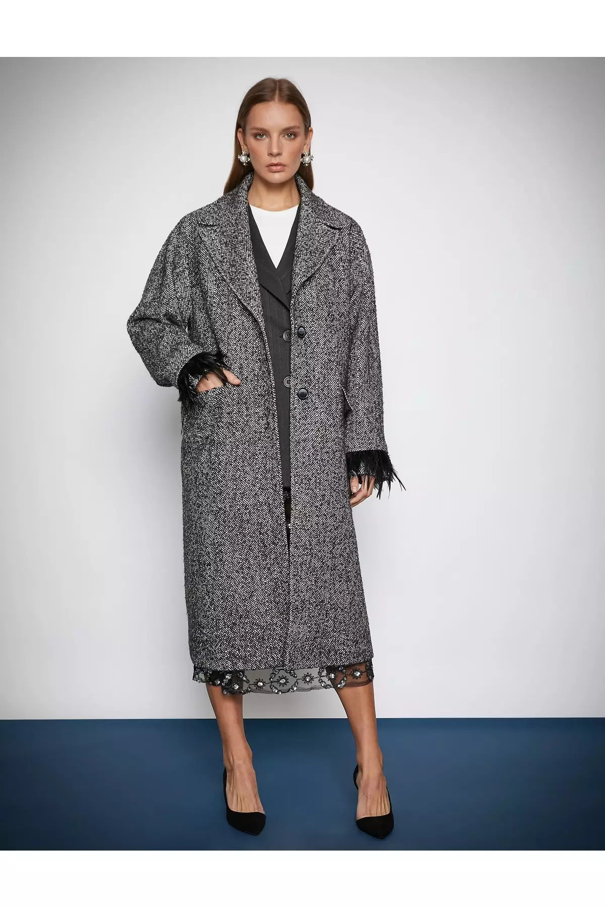 KOTON Tulle Long Cashmere Coat