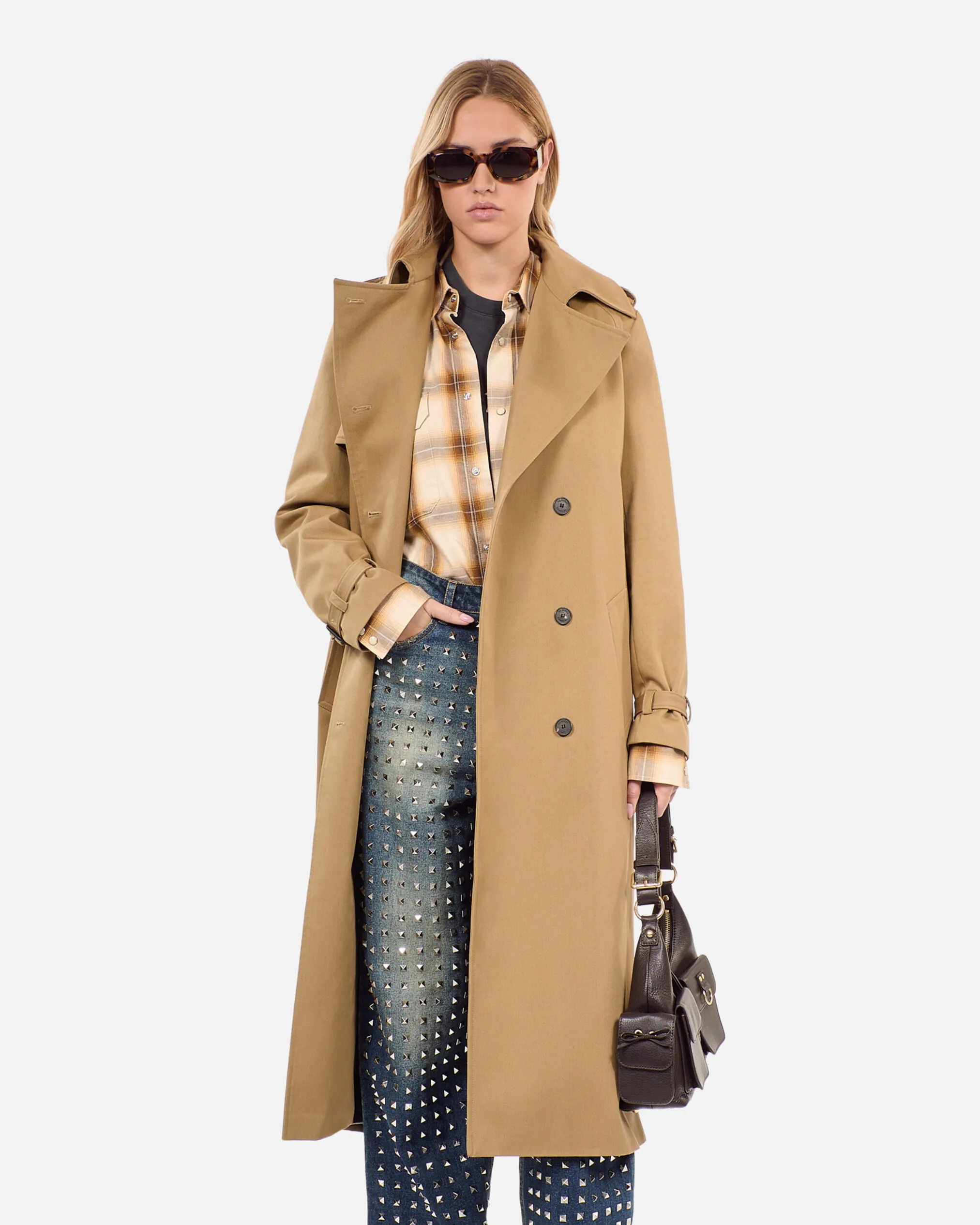 Long beige trench coat