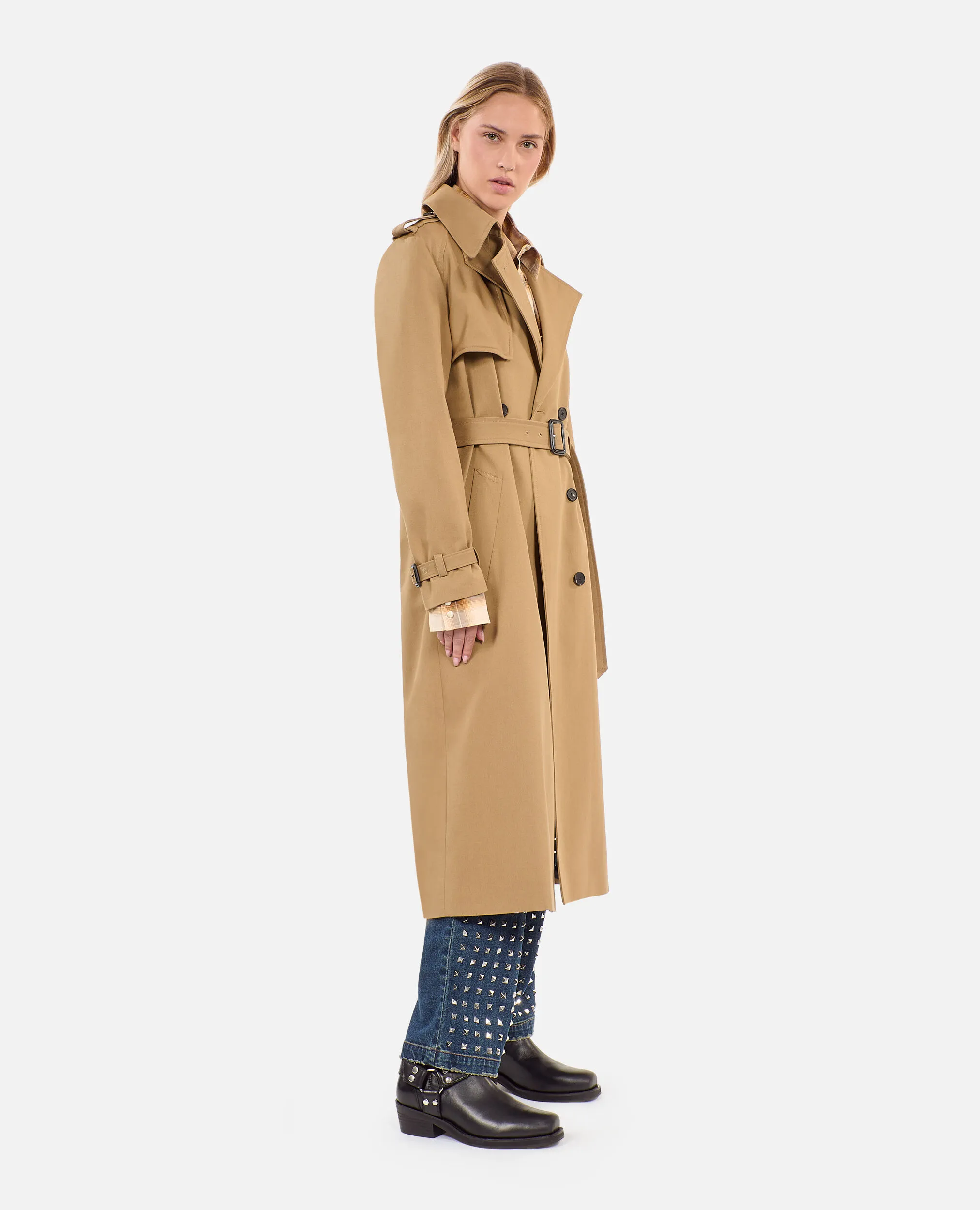 Long beige trench coat