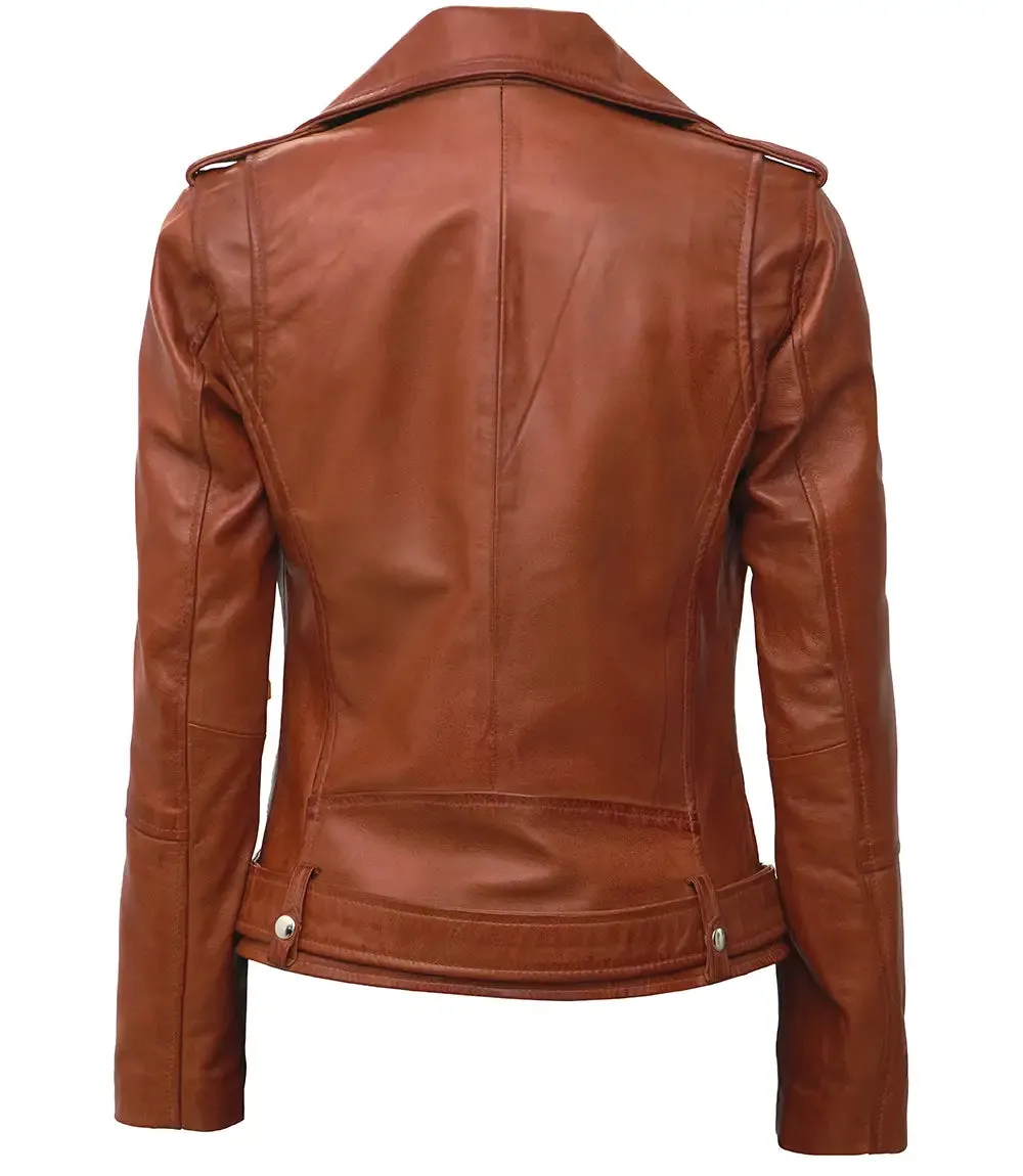 Margaret Womens Cognac Asymmetrical Biker Leather Jacket