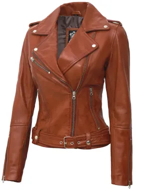 Margaret Womens Cognac Asymmetrical Biker Leather Jacket