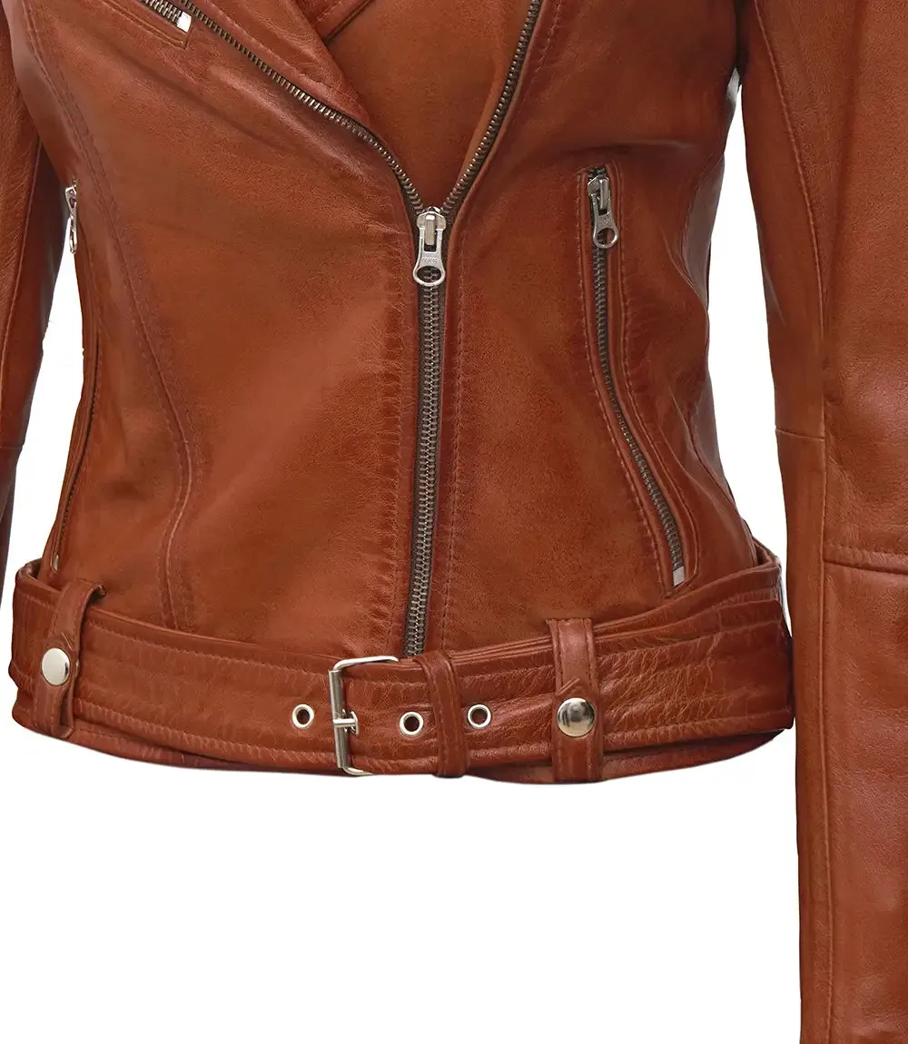 Margaret Womens Cognac Asymmetrical Biker Leather Jacket