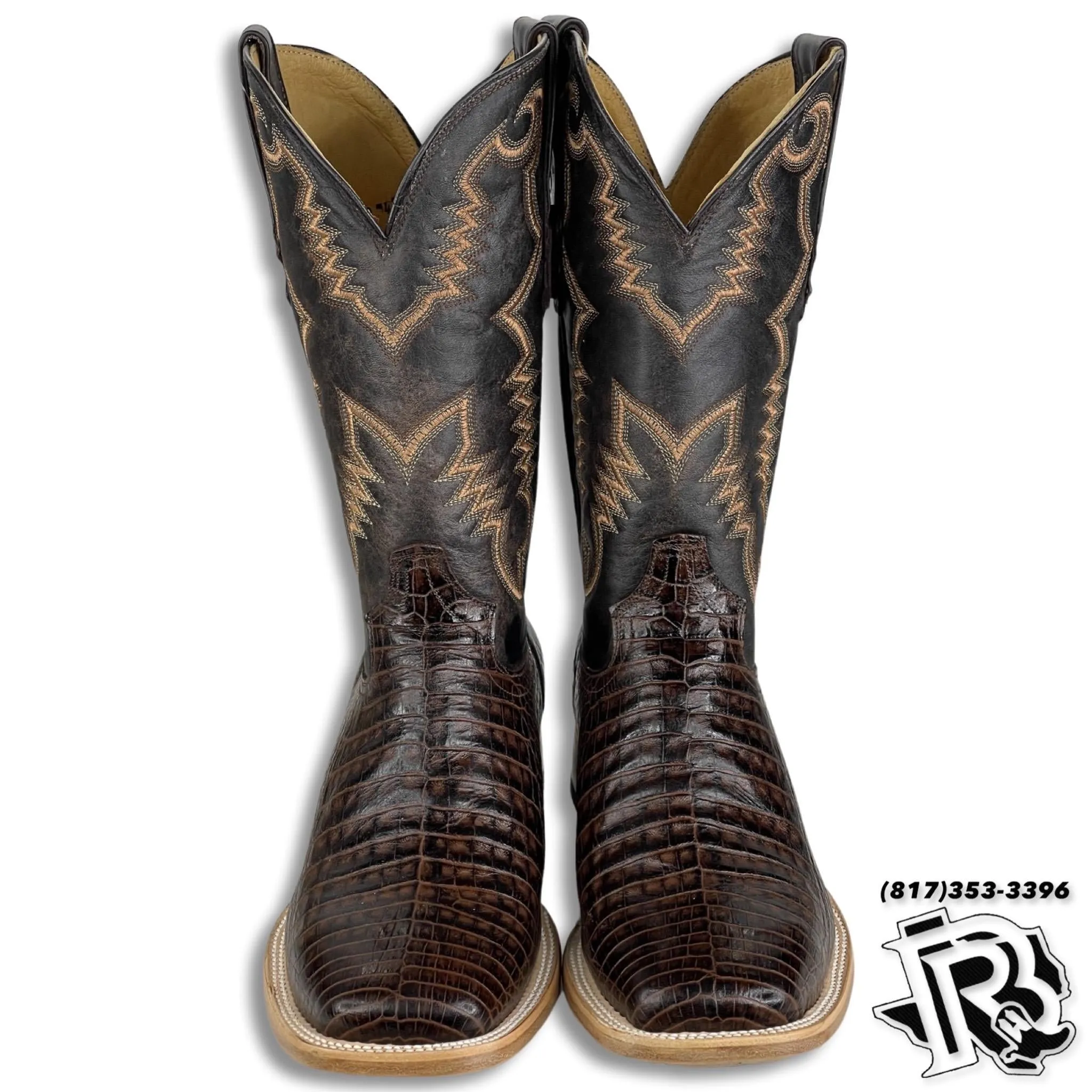 Men Boots | Brown Caiman Print Western Square Toe Boots