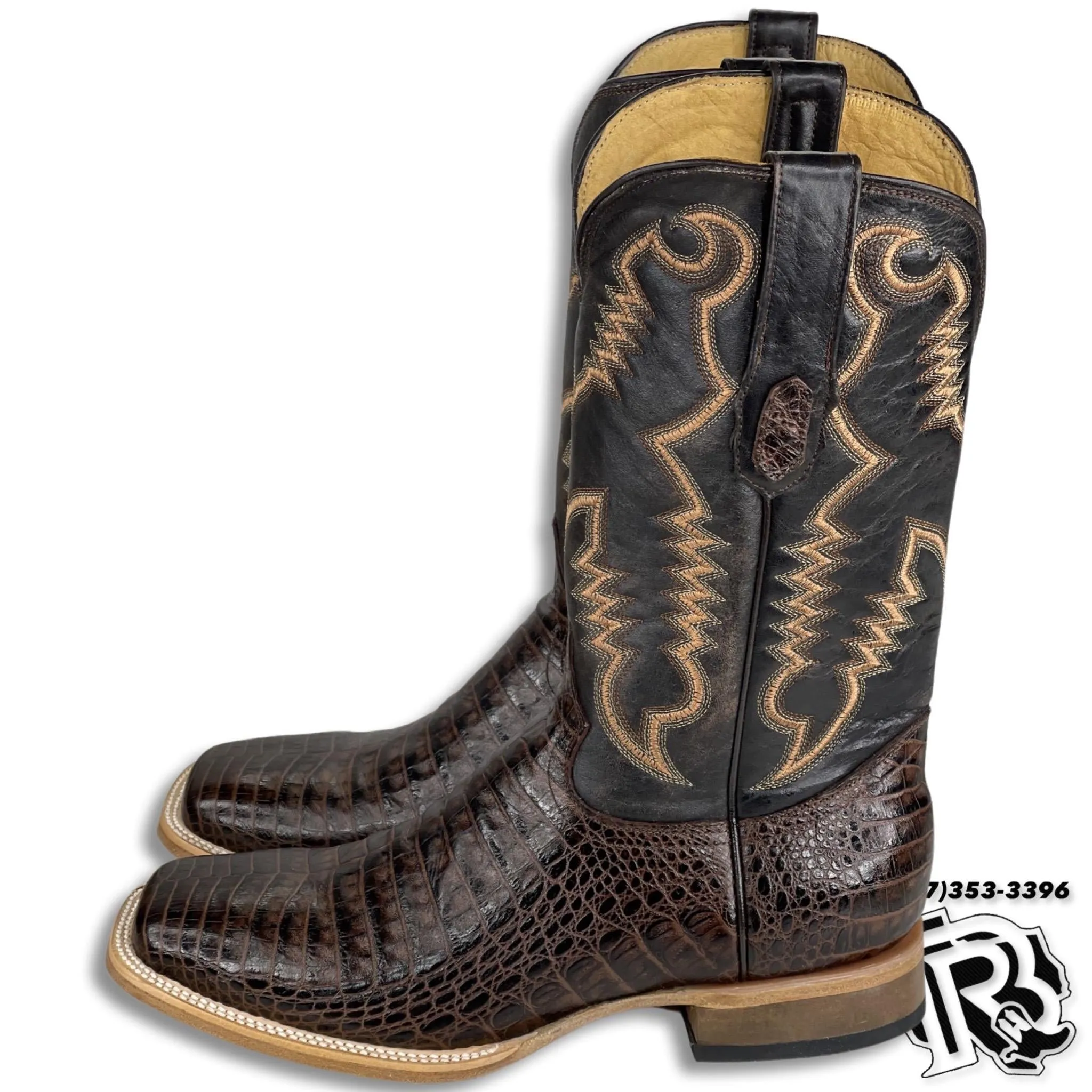 Men Boots | Brown Caiman Print Western Square Toe Boots