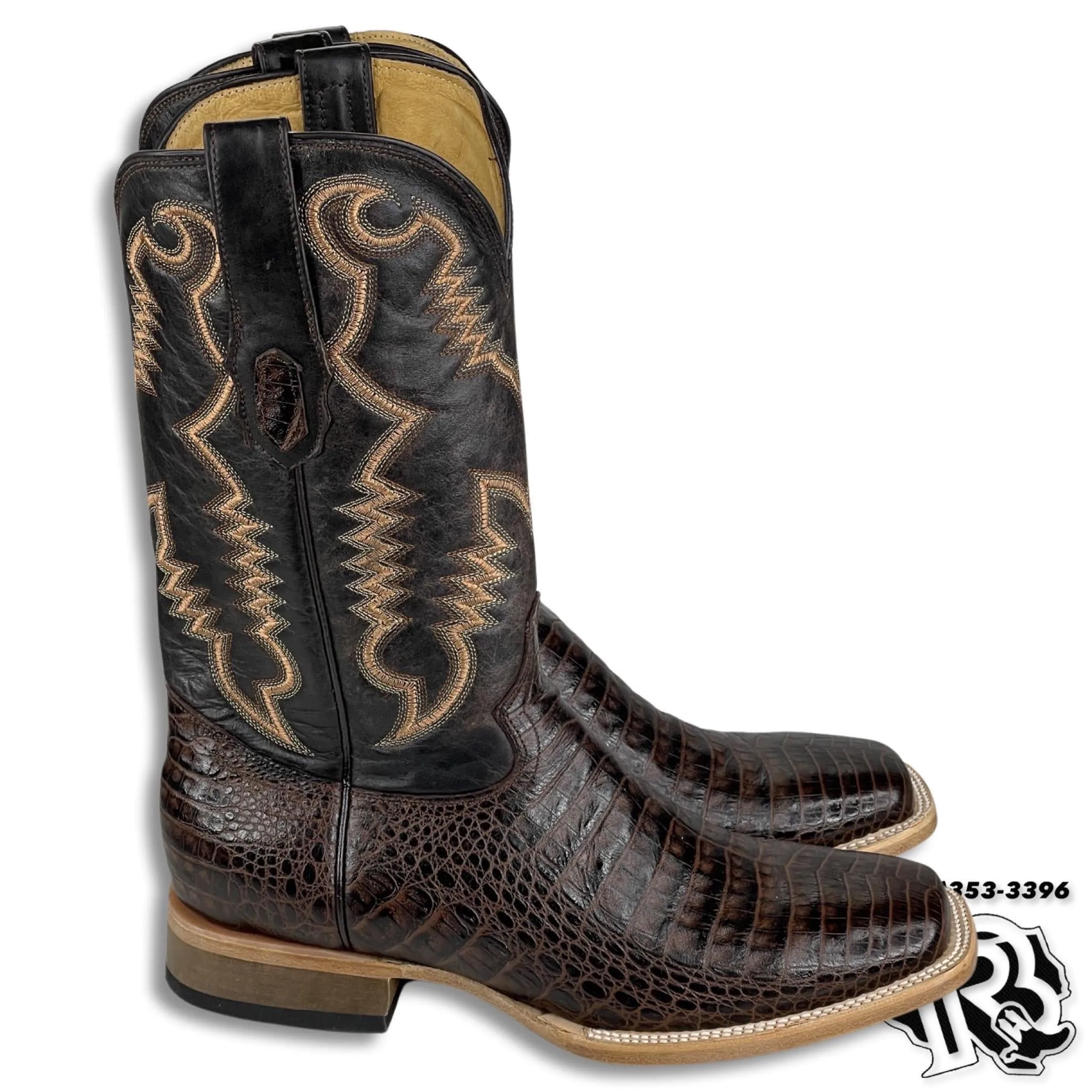 Men Boots | Brown Caiman Print Western Square Toe Boots