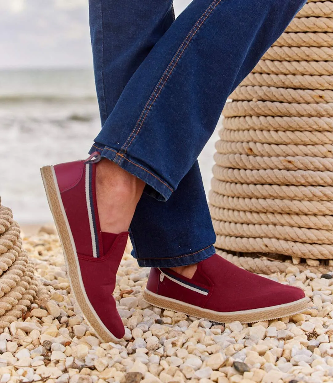 Men's Burgundy Elasticated Canvas Moccasins 