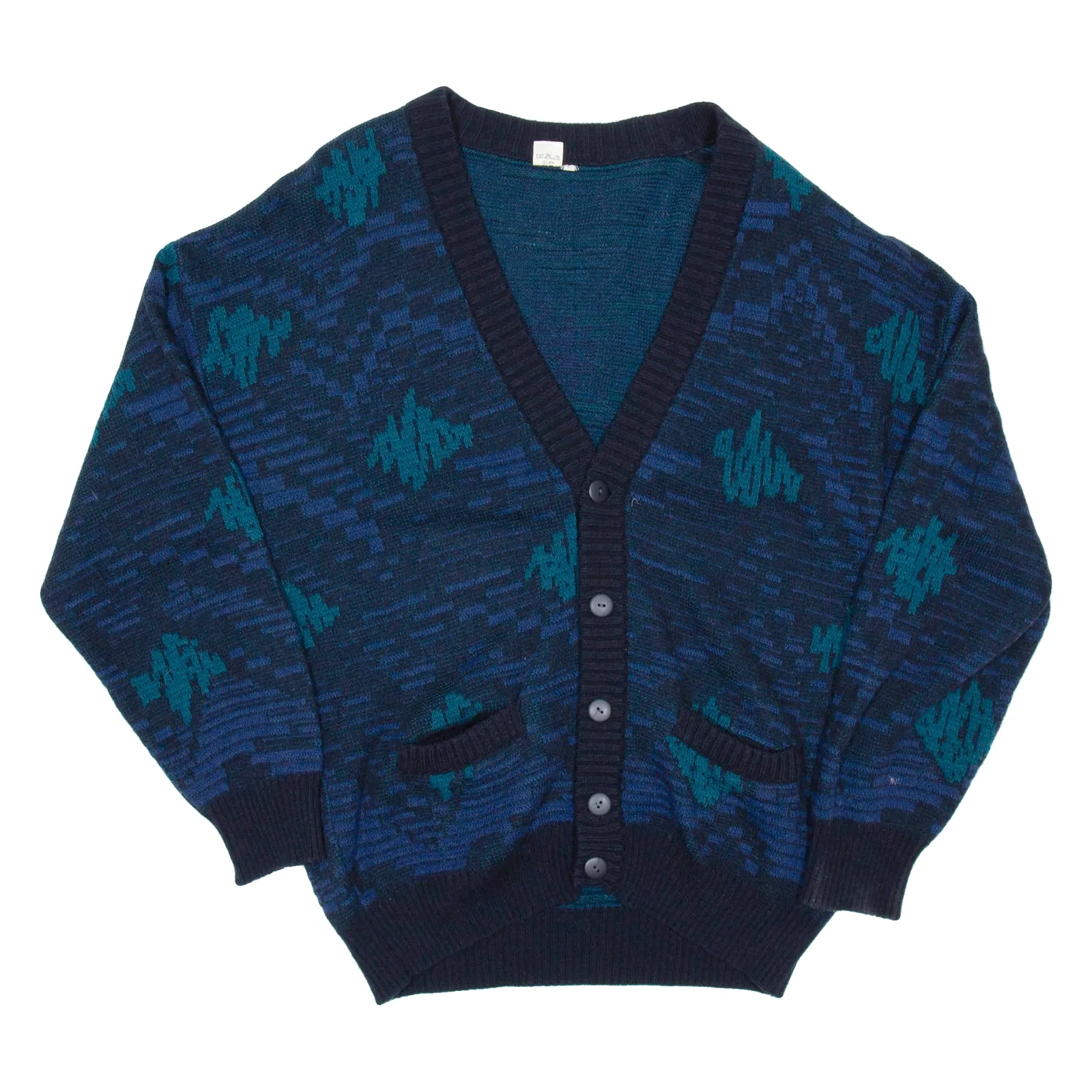 Mens Patterned Cardigan Blue Geometric V-Neck Chunky Knit Wool XL