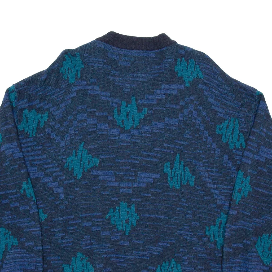 Mens Patterned Cardigan Blue Geometric V-Neck Chunky Knit Wool XL