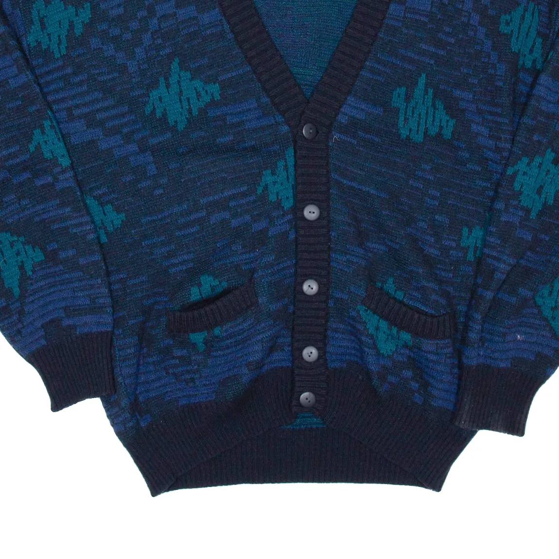 Mens Patterned Cardigan Blue Geometric V-Neck Chunky Knit Wool XL