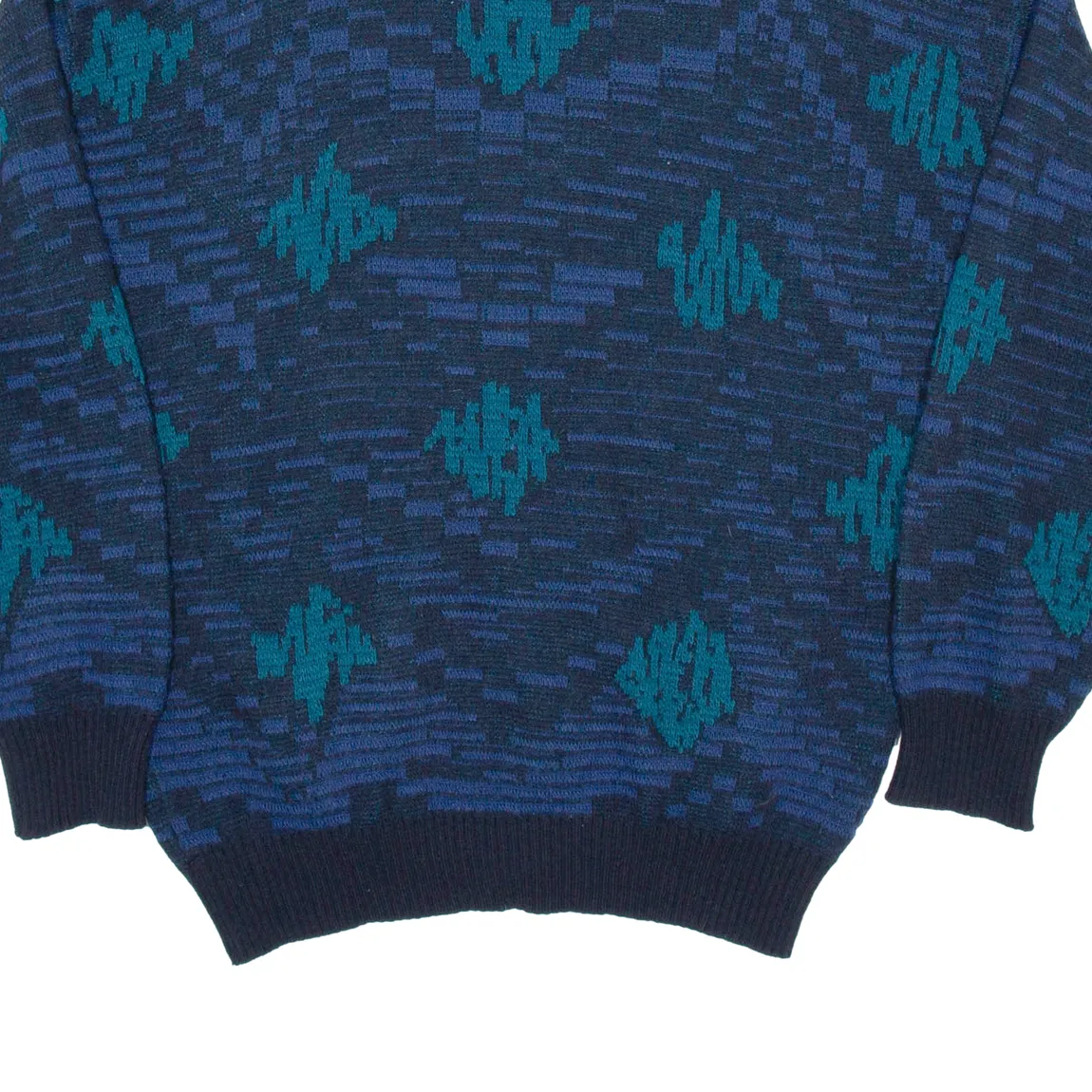 Mens Patterned Cardigan Blue Geometric V-Neck Chunky Knit Wool XL