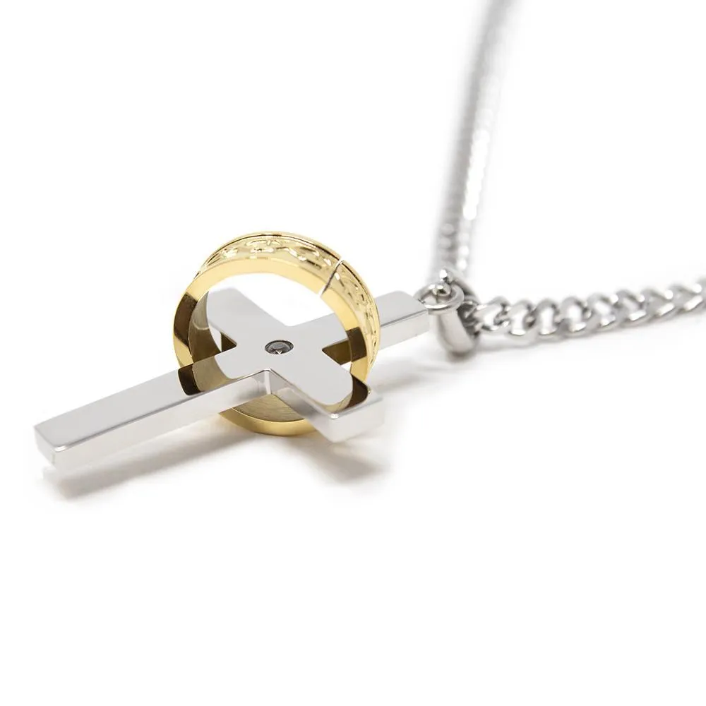 Men's Stainless Steel Gold Ion Plated Ring Cross Pendant on Chain