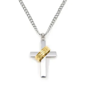 Men's Stainless Steel Gold Ion Plated Ring Cross Pendant on Chain