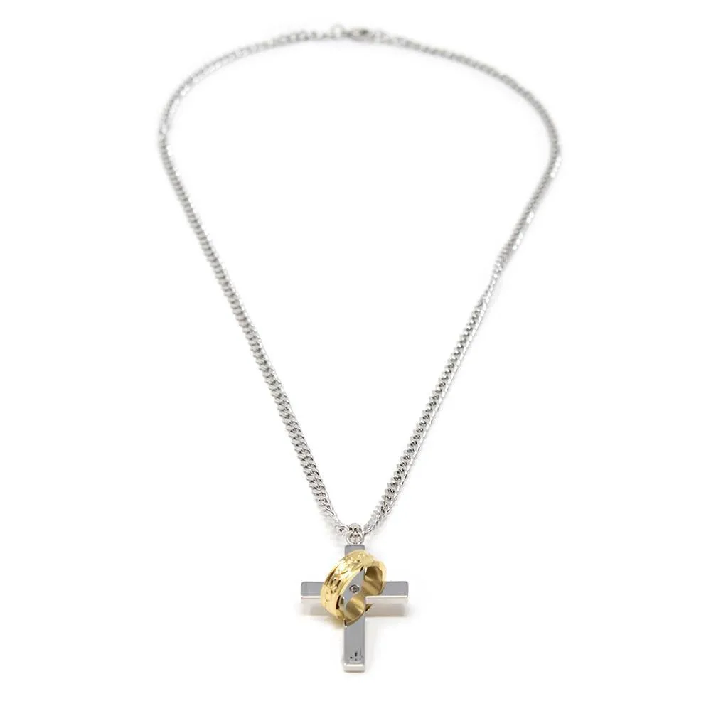 Men's Stainless Steel Gold Ion Plated Ring Cross Pendant on Chain