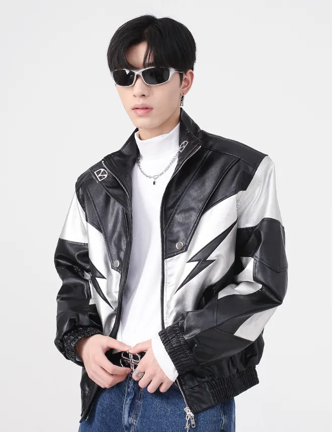 Men's Stand Collar Shoulder Pad Leather Coat