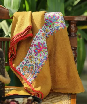 Mustard Yellow Pure Pashmina Scarf With Applique Border In Kalamkari