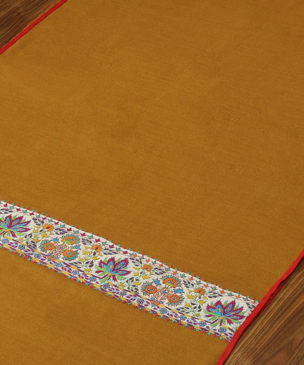 Mustard Yellow Pure Pashmina Scarf With Applique Border In Kalamkari