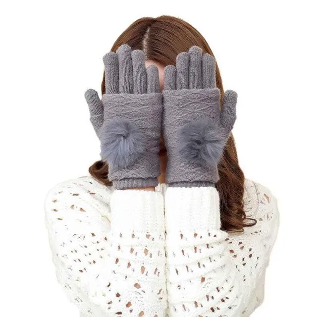 New Arrival Women Knitted Gloves 2 Use Pompom Ball Warm Knitted Gloves Female Mittens For Women Gants Female GS