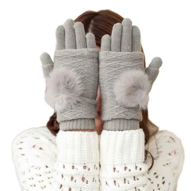 New Arrival Women Knitted Gloves 2 Use Pompom Ball Warm Knitted Gloves Female Mittens For Women Gants Female GS