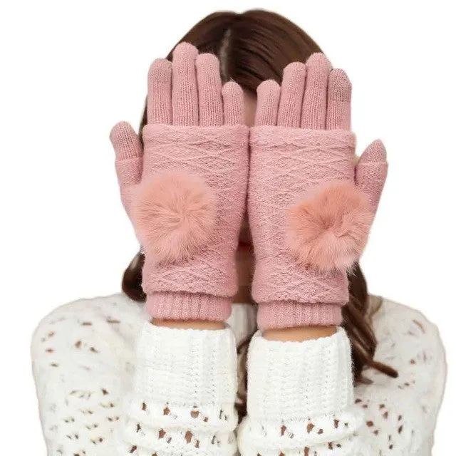 New Arrival Women Knitted Gloves 2 Use Pompom Ball Warm Knitted Gloves Female Mittens For Women Gants Female GS