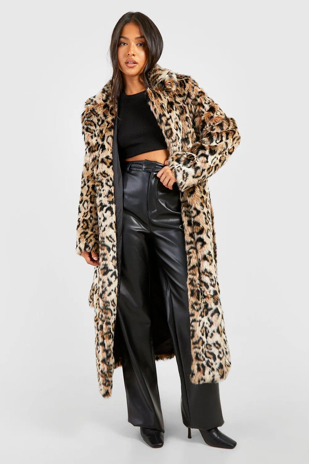 Petite Belted Leopard Faux Fur Maxi Coat