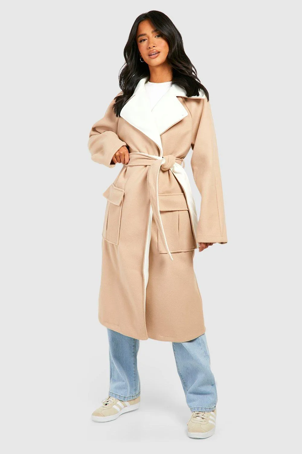 Petite Contrast Belted Wool Look Coat