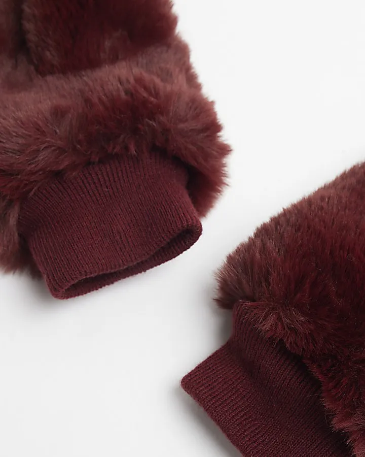 Red faux fur mittens