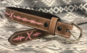 Twisted X Youth Distressed Brown and Pink Logo Stitch Leather Belt XRBK-P