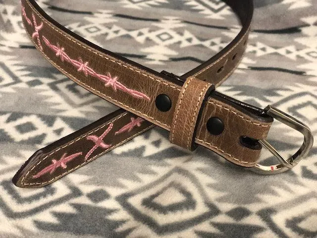 Twisted X Youth Distressed Brown and Pink Logo Stitch Leather Belt XRBK-P