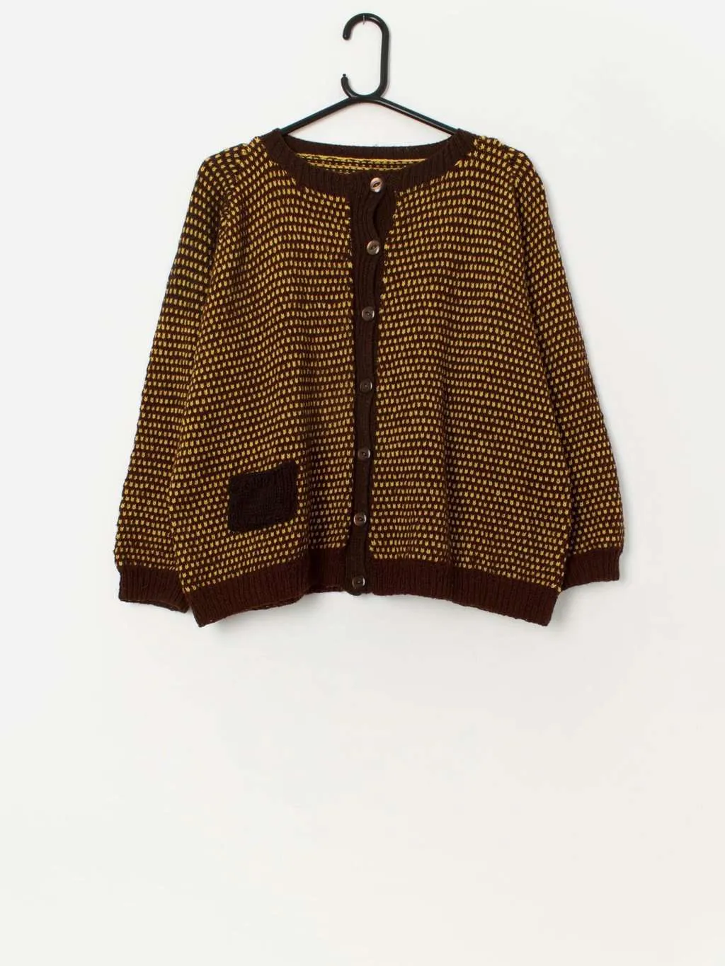 Vintage brown and yellow cardigan with pocket – Medium / Large