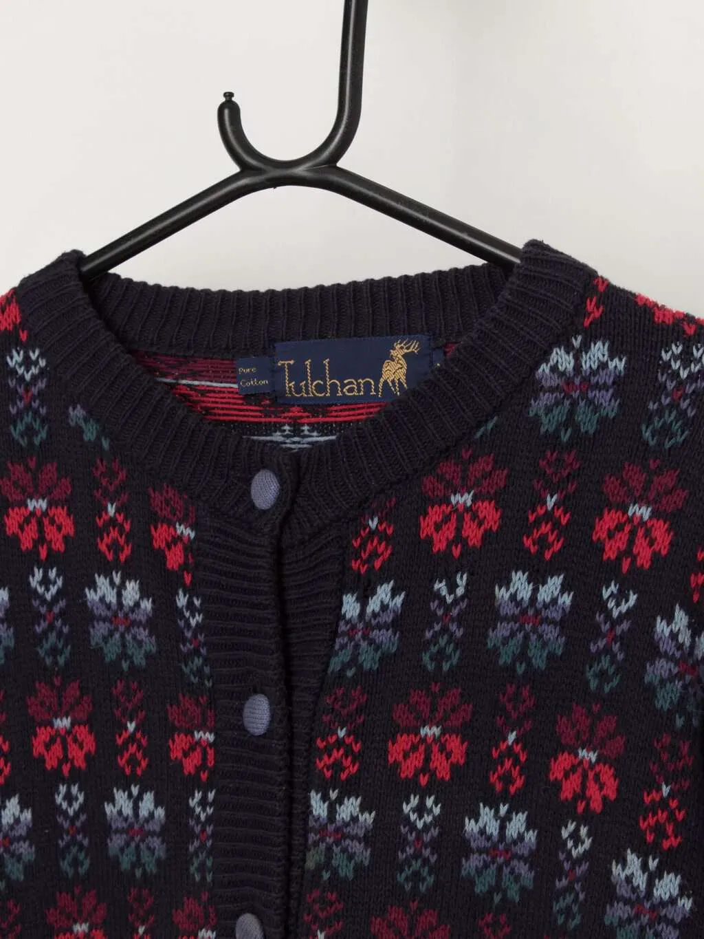 Vintage Tulchan cotton cardigan with bright geometric pattern – Medium