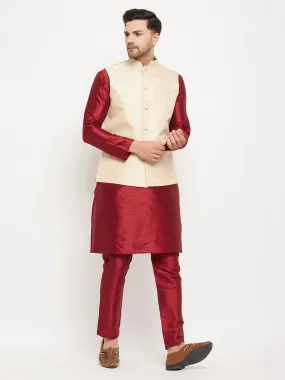 VM BY VASTRAMAY Men's Cream Silk Blend Jacket with Kurta Pant Set