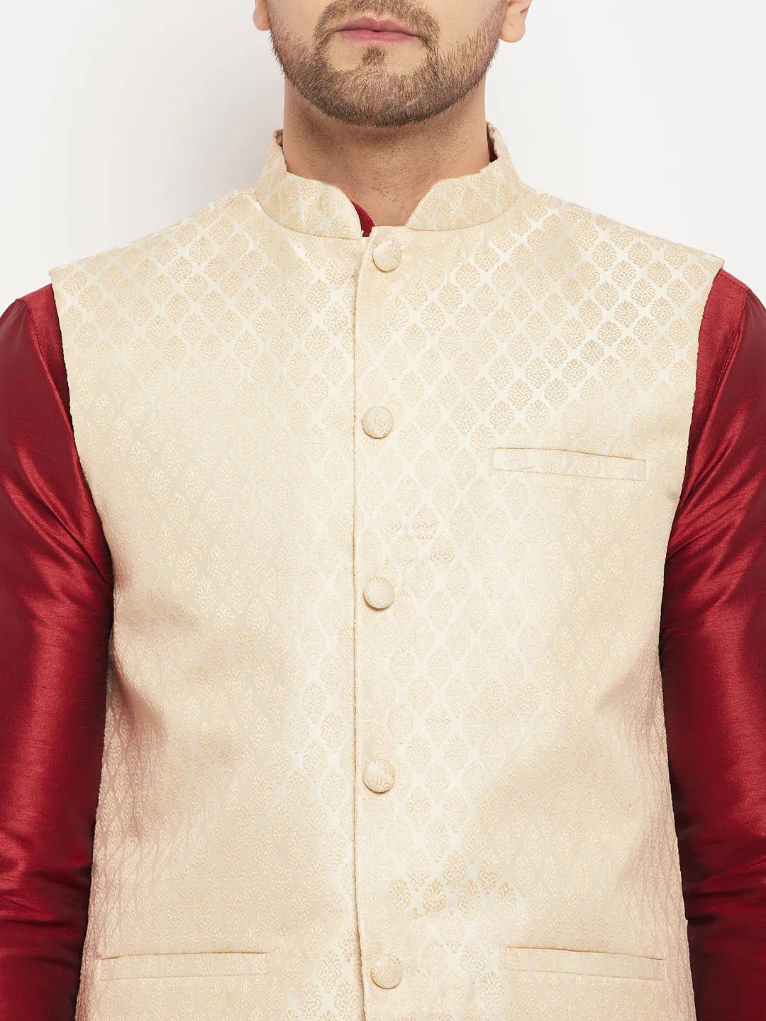 VM BY VASTRAMAY Men's Cream Silk Blend Jacket with Kurta Pant Set