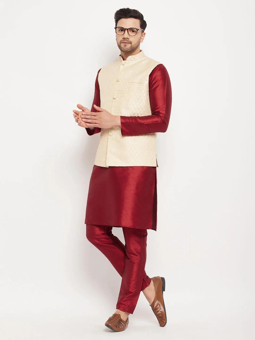 VM BY VASTRAMAY Men's Cream Silk Blend Jacket with Kurta Pant Set