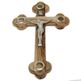 Wall Cross with Crucifix and Vessels with Holy Soil from Jerusalem Olive Wood, 13 cm/5.2 inc