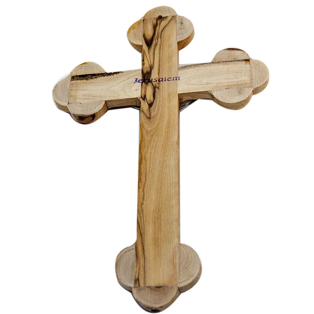 Wall Cross with Crucifix and Vessels with Holy Soil from Jerusalem Olive Wood, 13 cm/5.2 inc