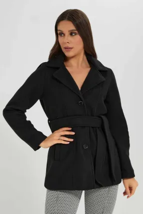 Women Black Hooded Belted Coat