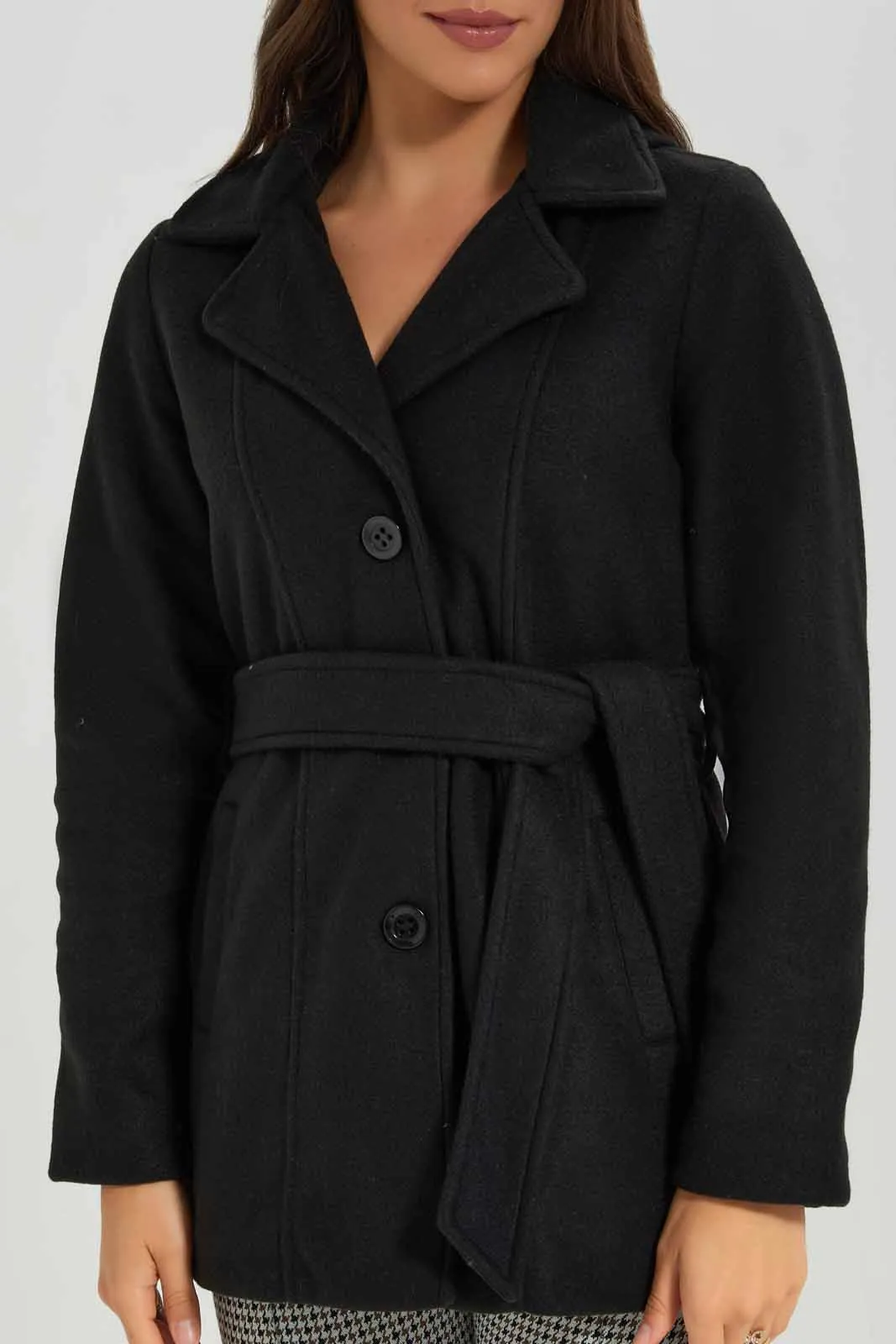 Women Black Hooded Belted Coat